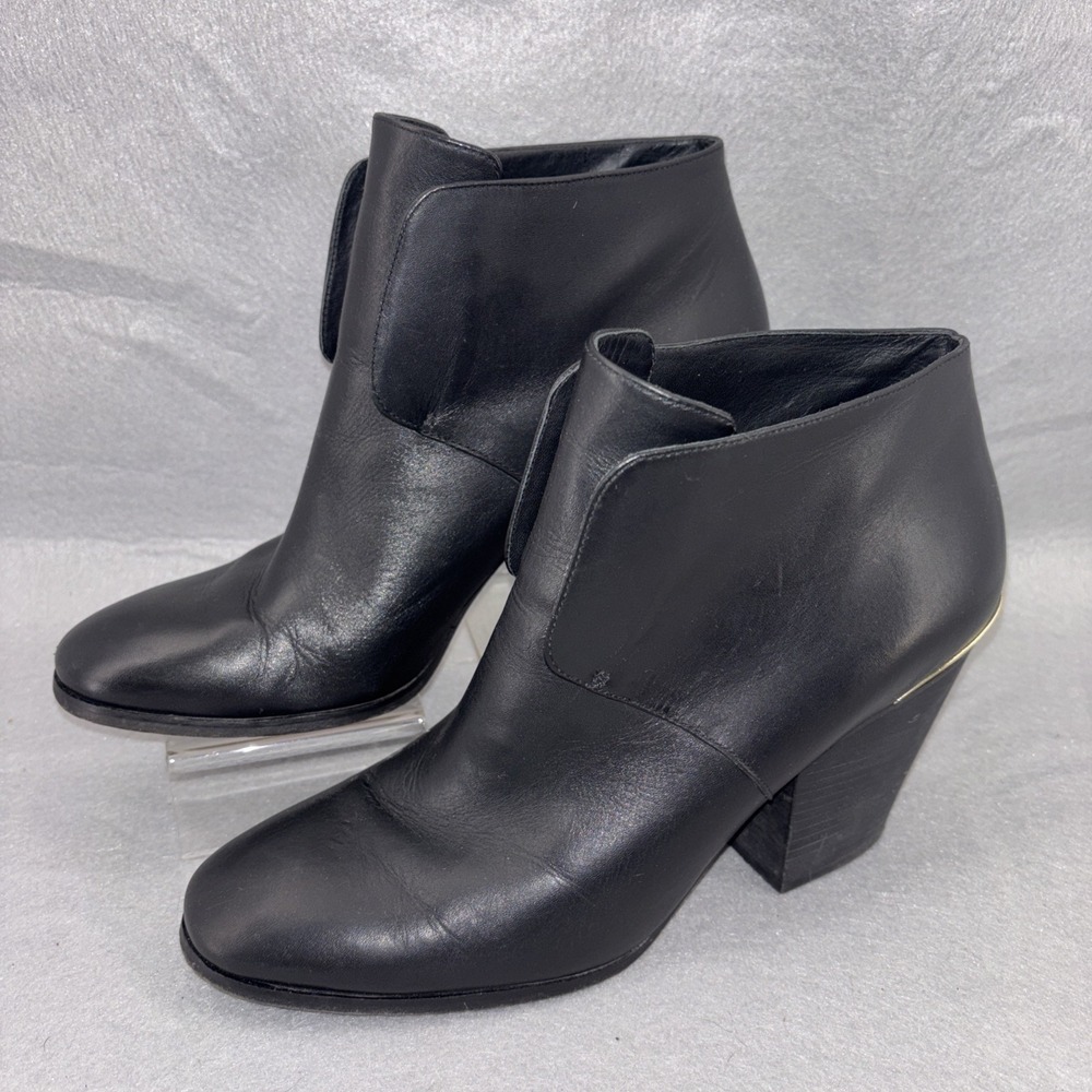 Cole Haan HAYDEN Grand.OS Black Leather Ankle Boots Block Heel Gold Accents W8.5